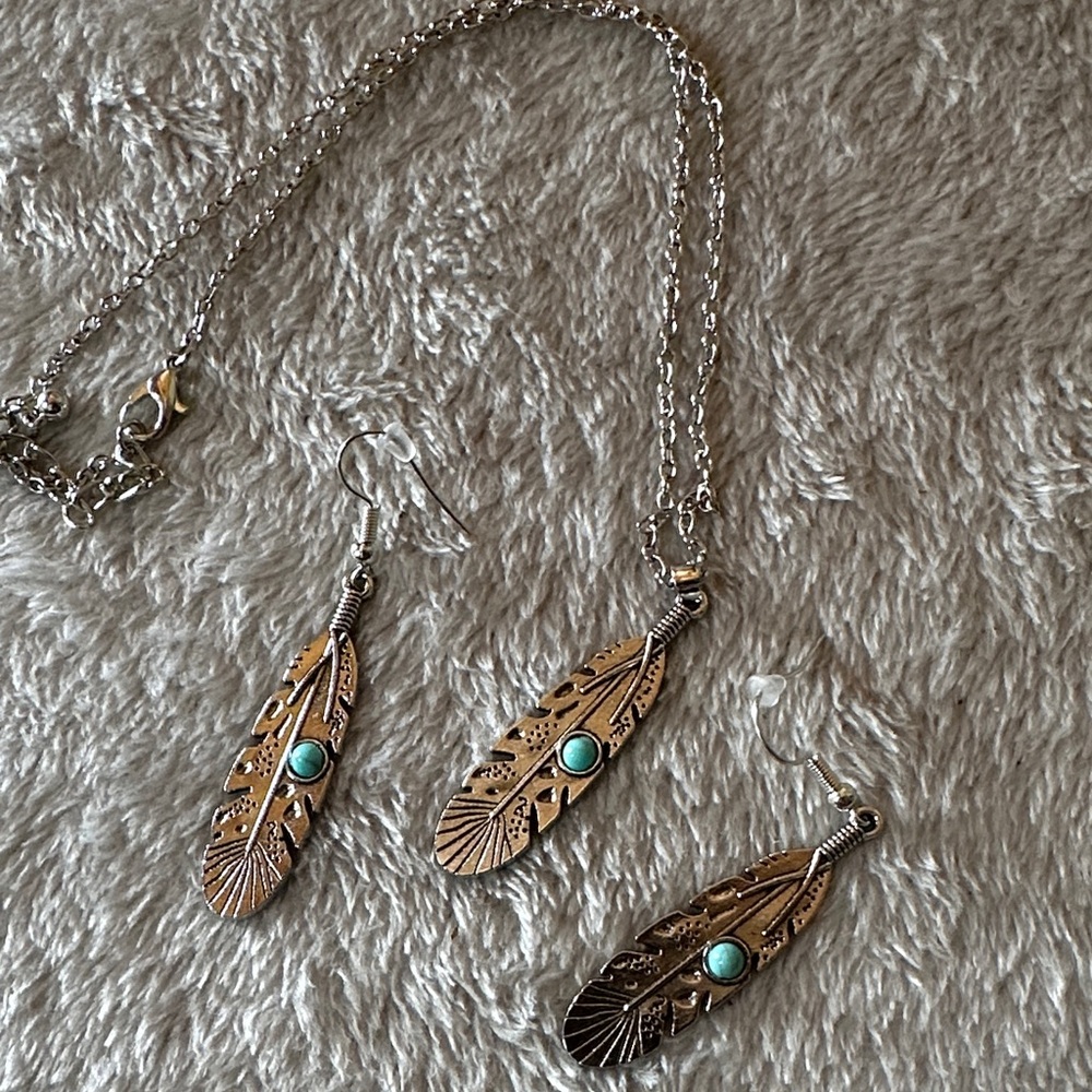 Feather Pendant Necklace and Earrings Set